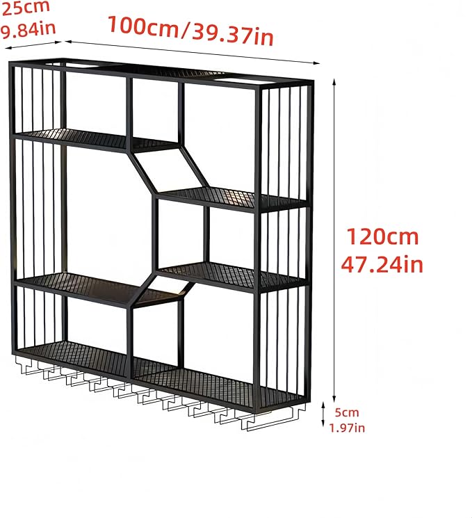 39 Inch Metal Wall-Mounted Wine Rack & Liquor Shelf, 5-Tier Large Bar Shelves for Liquor Bottles with Glass Holder, Alcohol Shelf for Home Bar & Dining Room, Black(Right, No Lights)