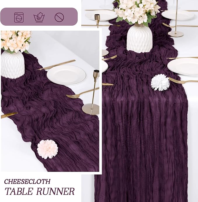 RealBox 3 Pack Dark Purple Cheesecloth Table Runner 17x108 Inch Semi Sheer Boho Gauze Cheese Cloth Fabric Table Runners Table Decor for Wedding Party Baby Shower Birthday Home Decor Garden Farmhouse