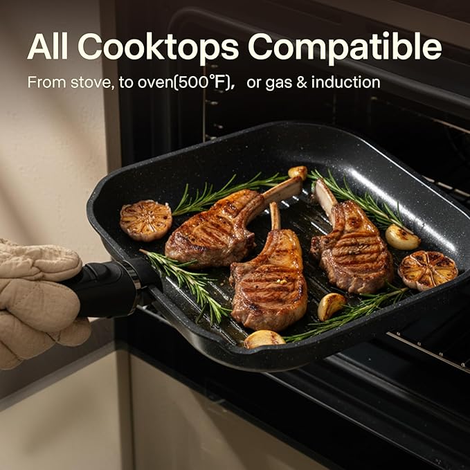 Pots and Pans Set Non Stick, Ceramic Cookware Sets 21 PCS, Granite Induction RV Kitchen Portable Stackable Cooking Set Removable Handles, Dishwasher 竊?Oven Safe, Black