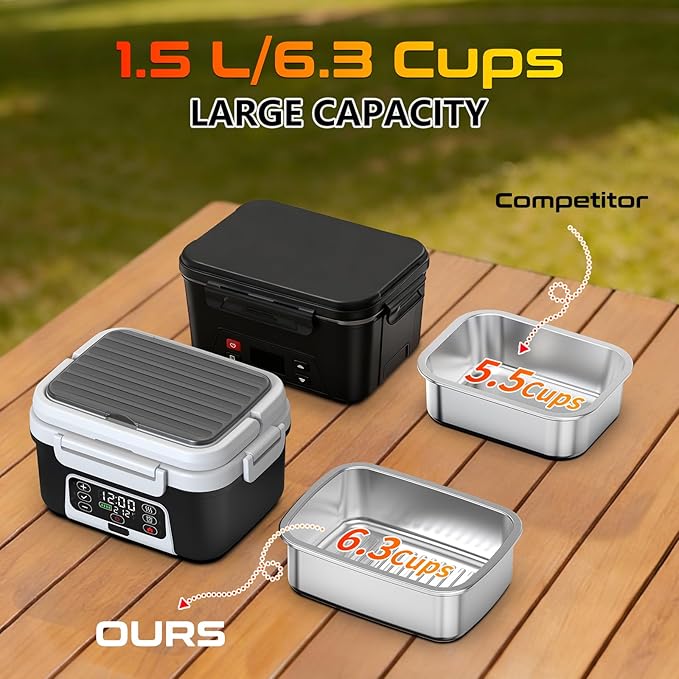 Cordless Electric Heated Lunch Box, XL 6.3Cups 20000mAh Rechargeable Food Warmer Lunch Box with Self Heating, Smart Timer, Adjustable Temperature, Leakproof, BPA Free, Removable Tray Divider