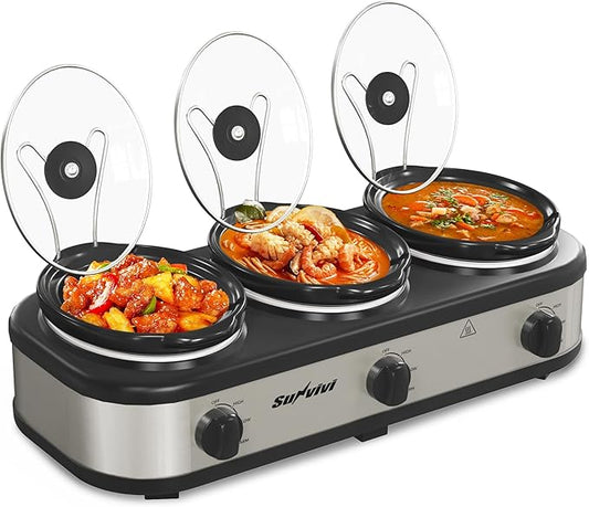 Sunvivi Triple Slow Cooker, Buffet Server and Food Warmer, Small Mini Pot with 3 Adjustable Temp & 3 Visible Glass Lids, for Parties, Holidays and Entertaining, Stainless Steel, 3 * 1.5 Quarts