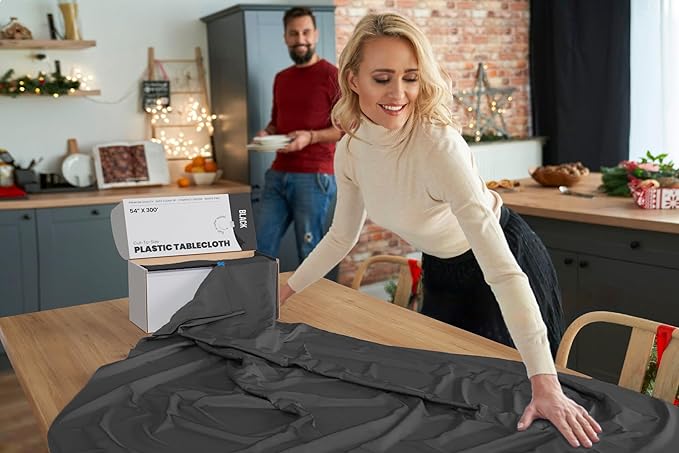 54 Inch X 300 Feet Value Pack Black Plastic Table Cover Roll in A Cut - to - Size Box with Convenient Slide Cutter. Cuts Up to 36 Rectangle 8 Feet Plastic Disposable Tablecloths