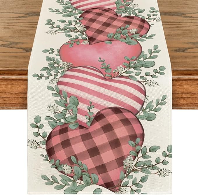 Artoid Mode Pink Eucalyptus Hearts Valentine's Table Runner, Anniversary HoliKitchen Dining Table Decoration for Home Party Decor 13x120 Inch