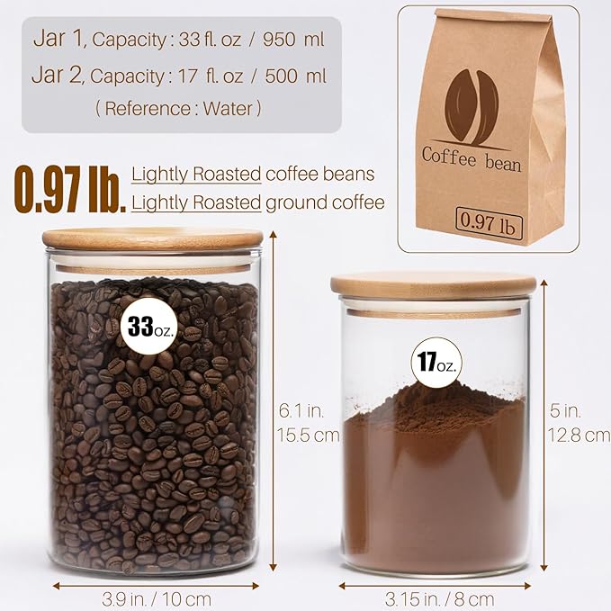 33+17 oz Glass Food Storage Jars with Airtight Lids, Clear Glass Jar with Bamboo Lid, Airtight Food Canister for Tea, Candy, Coffee, Sugar, Cookie, Snack. (Round | 5+6 Inch)
