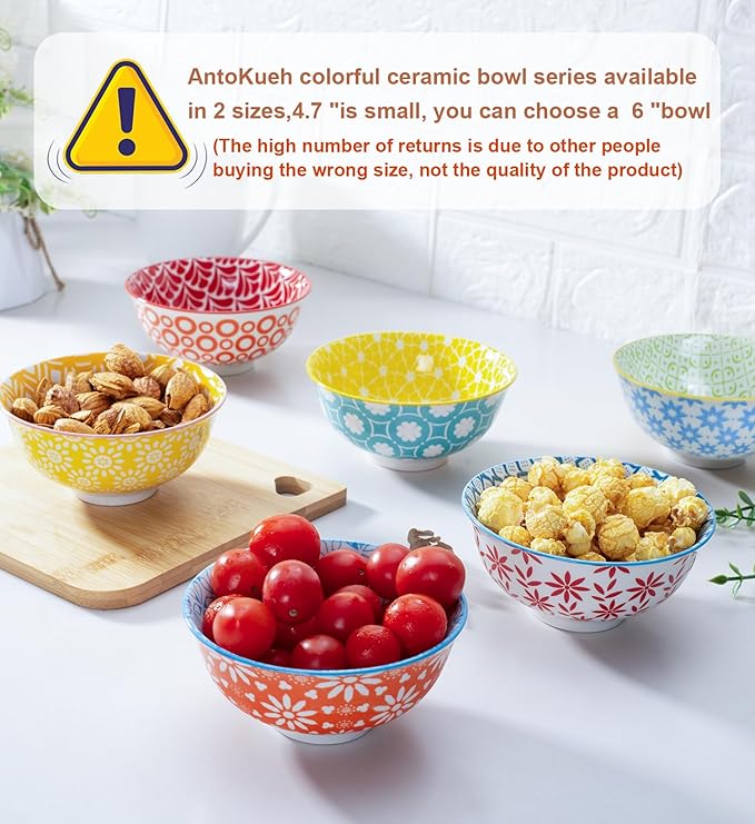 AntoKueh Colorful Ceramic Bowls 10oz, 4.7in small cereal bowl Set of 6 for ice cream, Dessert, Porcelain bowl for Dipping, Sauce, Dishwasher/Microwave safe