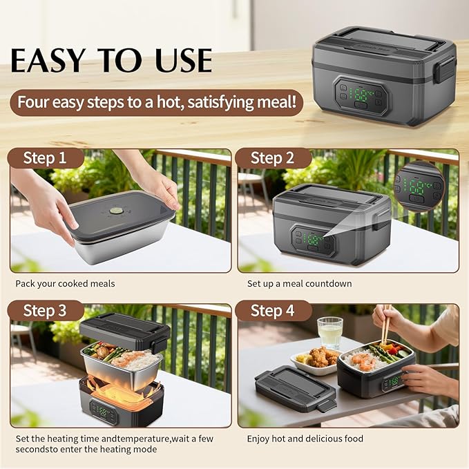 RYALNTC Electric Lunch Box for Adults with Timer - 1.6L Cordless Electric 24000mAh Battery-Powered Heated,5-Sided Heating & Smart Reservation - Portable Heated Lunch Box for Office, Truck, Camping