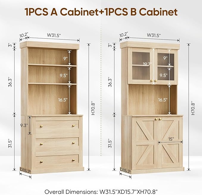 71" Tall Farmhouse Kitchen Pantry, Large Storage Cabinet with Glass Doors and Drawers, Freestanding Coffee Bar Hutch with Microwave Stand, Adjustable Shelves for Kitchen, Living Room, Brown 4 Pcs