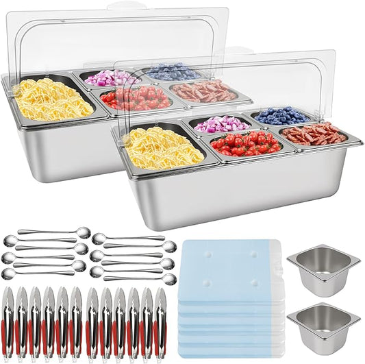 Lanstics 2P Pizza Topping Station 7 Pans Stainless Steel Spice Organizer Salad Bar Buffet Station with Spoons Ice Boxes Buffet Containers Set for Sauce Jam Ingredient Kitchen Restaurant Pantry