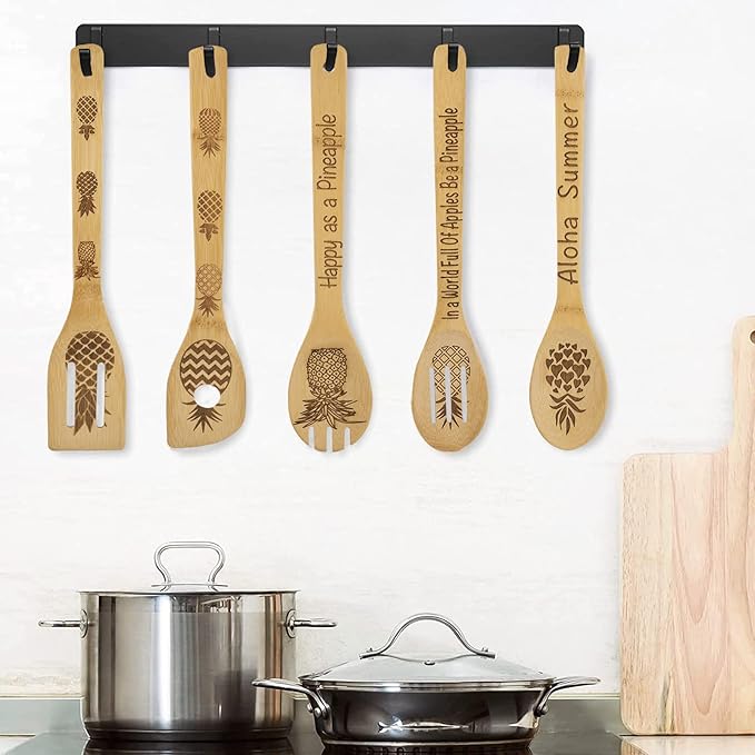 5Pcs Pineapple Wooden Cooking Spoons,Pineapple Gifts,Pineapple Kitche Decor, Pineapple Carve Burned Bamboo Spoons,Pineapple Gifts for Women Housewarming wedding Birthday Mom Cooking Gifts