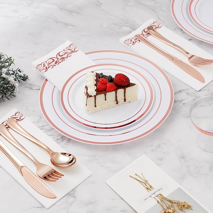BESTVIP 175PCS Rose Gold Disposable Dinnerware Set for 25 Guests, Plastic Plates for Party, Wedding, Christmas, Include: 50 Plastic Plates, 25 Rose Gold Silverware, 25 Cups, 25 Napkins