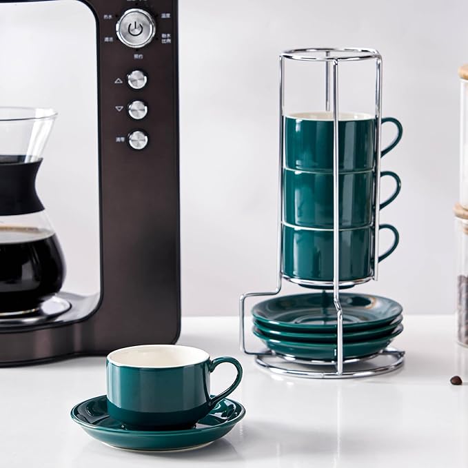 2.5oz Espresso Cups Set of 4, Small Stackable Coffee Cups with Saucers and Metal Stand, Ceramic Demitasse Cups, Cappuccino Cups for Coffee Drinks, Latte, Green