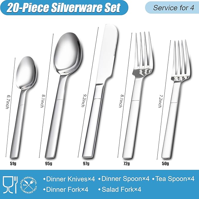 Heavy Duty Silverware Set for 4, 20 Piece Stainless Steel Flatware Utensils Cutlery Set Including Knife Fork and Spoon, Mirror Polished, Gift Package for Wedding Housewarming, Dishwasher Safe