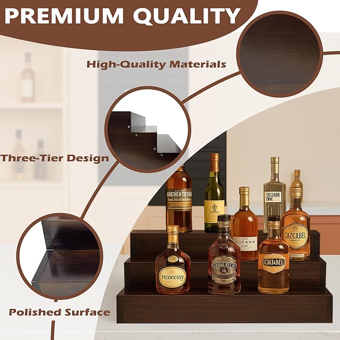 Royxen 24 Inch Solid Wood Liquor Bottle Shelf 3 Tier Bar Shelf Freestanding Vintage Liquor Bar Stand for Home Bar Decor, Natural Wood