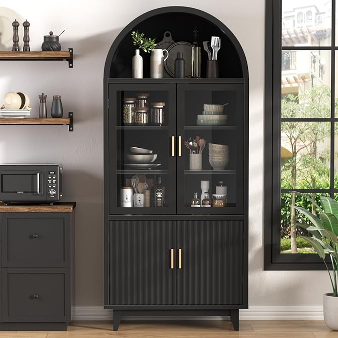 Kitchen Pantry Cabinet with Glass Doors - Arched Design, Solid Wood Legs, Artistic Fluted Door, Adjustable Shelves, 70.8" Curved Storage Cabinet for Kitchen, Dining Room