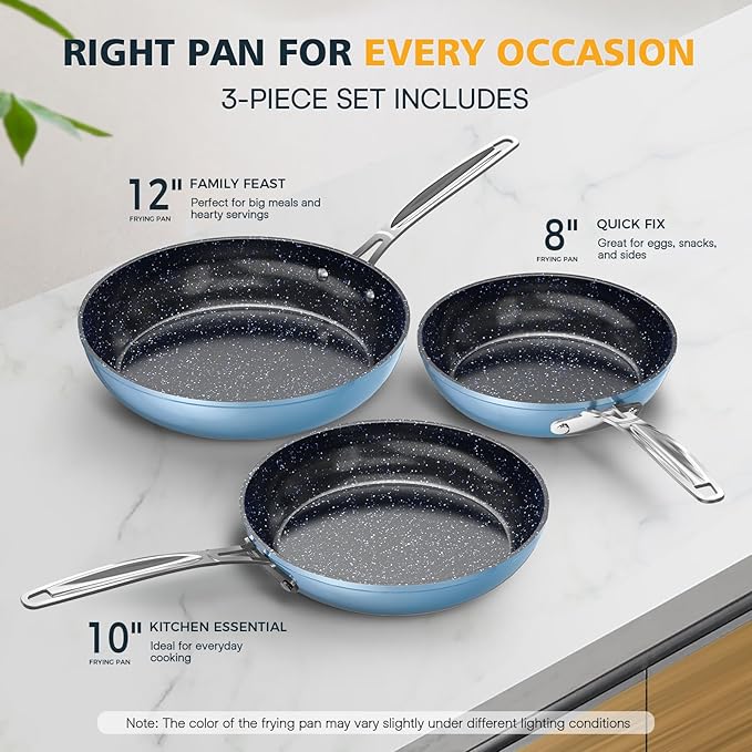 Nuwave 3-Piece 8?? 10?? 12??Forged Lightweight Frying Pan Set, G10 Healthy Duralon Blue Ceramic Ultra Non-Stick, Ergonomic Stay-Cool Handles, Induction-Ready & Works on All Cooktops