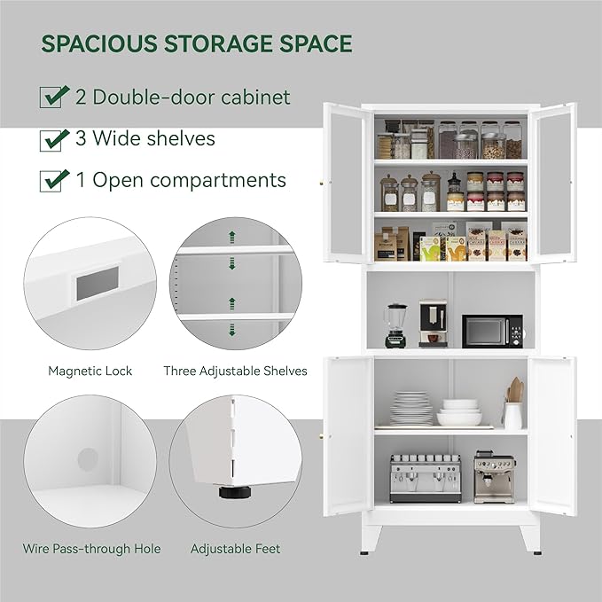 COFaR 69" Tall Modern Kitchen Pantry,Metal Storage Cabinet with Shelves 竊?Glass Doors for Display,Pantry Storage Cabinet,Freestanding Cupboard for Kitchen,Dining Room,Living Room,Bathroom,White