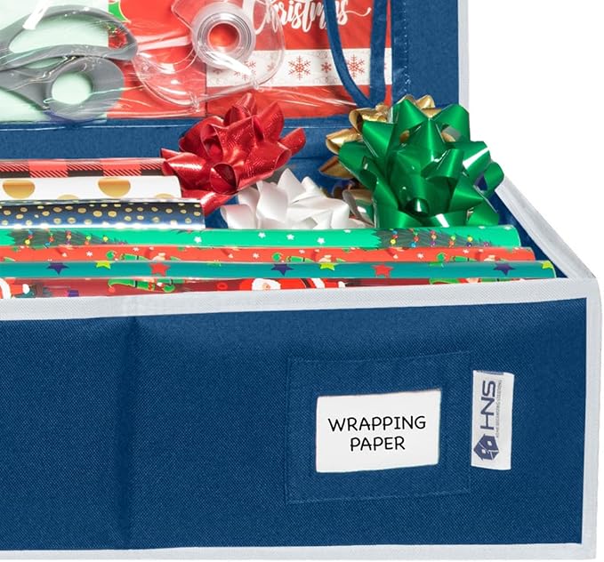HOLDN??STORAGE Premium Wrapping Paper Storage Container - Durable 600D Tear-Proof, Fits 27 Rolls Gift Wrap, Extra Pockets for Ribbons & Bows, Underbed Storage - Ideal for Holiday Christmas, Blue