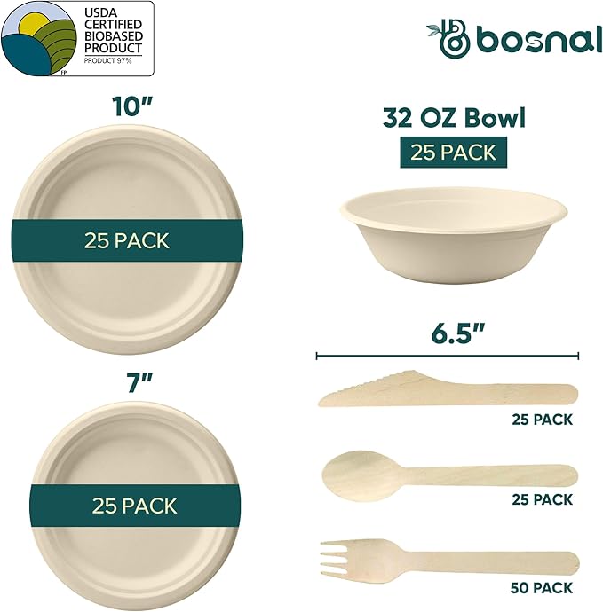 BOSNAL 10 inch & 7 inch Round Plates with 32 oz Bowls & Cutlery ??100% Plant-Based Sugarcane Bagasse, Eco-Friendly Disposable Dinnerware for Hot & Cold Meals, Microwave Safe, Durable & Compostable