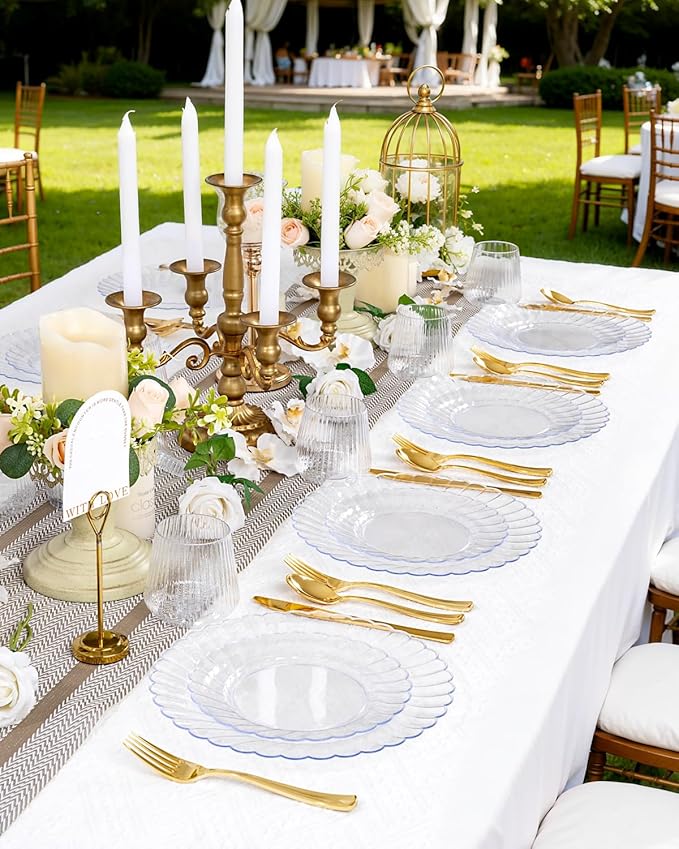 YOUBET 100PCS Clear Scalloped Plastic Plates - Heavy Duty Clear Disposable Plates, Fancy Hard Scalloped Plates Include 50 Dinner Plate, 50 Dessert Plate, for Wedding & Party