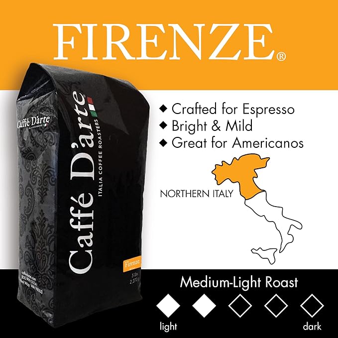 Caffe D'arte Firenze Whole Bean Espresso Coffee ??Medium Light Roast, Bright & Mild Flavor, Sweet & Smooth Aroma ??Crafted for Espresso & Americanos - 5 Pounds
