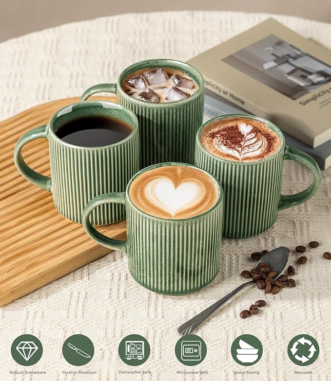 GBhome Coffee Mugs Set for 6, 11oz Coffee Cups with Handle for Man,Woman,Dad,Mom, Stoneware Mugs Sets for Coffee, Latte,Tea, Hot Cocoa, Milk, Dishwasher&Microwave Safe, Dark Green