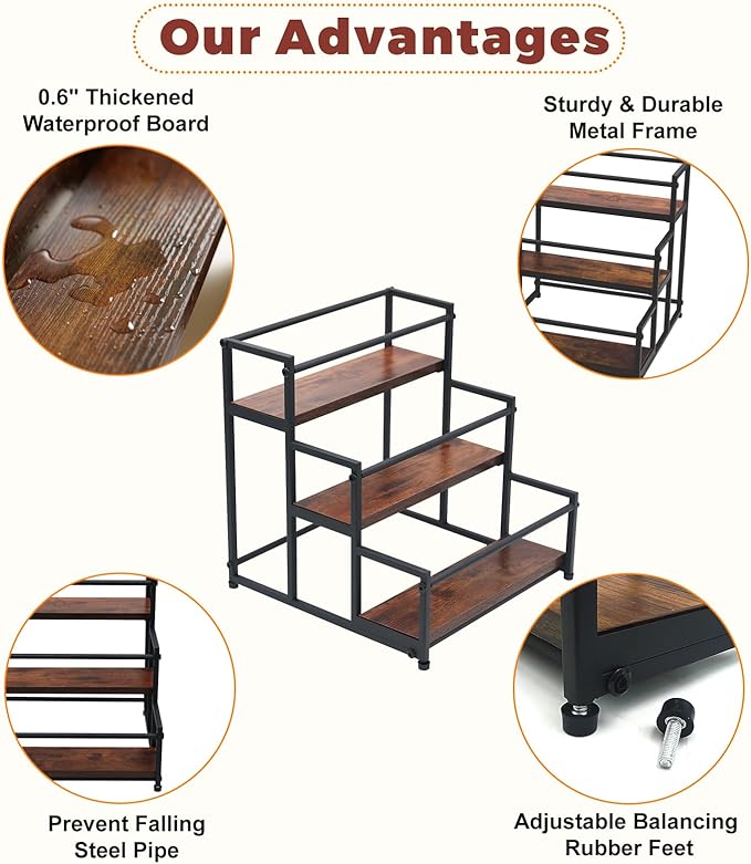 Coffee Syrup Rack Organizer - Metal Bottle Holder for 12 Bottles ??Rustic Countertop Display Shelf for Coffee Bar, Kitchen Cabinet, Pantry Storage for Syrups, Liquor, Spice, Tea & Wine (3-Tier)