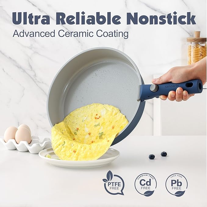 SENSARTE 24 Piece Ceramic Pots and Pans Set, Nonstick Detachable Handle Cookware, Induction Kitchen Cookware Set with Removable Handle, Healthy Non Stick for RV, Dishwasher竊냀ven Safe, PFOA Free (Navy)