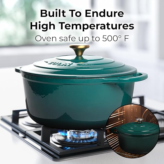 Zulay Kitchen 7.7 Quart Enameled Cast Iron Dutch Oven Pot with Lid ??Premium Durability & Oven Safe up to 500째F ??Heavy Duty Cookware Perfect for Bread Baking, Stews, Braising & Roasting ??Emerald