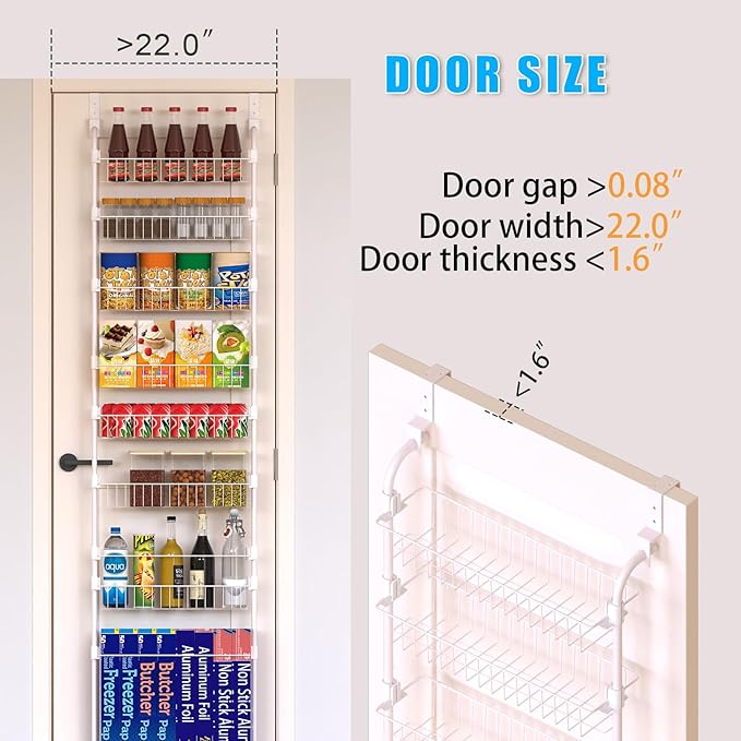 White Over the Door Pantry Organizer 8 Tier, Adjustable Basket Pantry Door Organizer and Storage, Heavy Duty Metal Kitchen Hanging Spice Rack (D5xW19xH50 Inches)