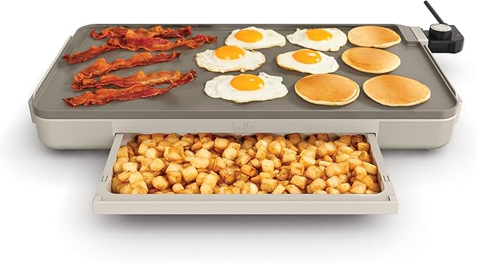 bella 12" x 22" Electric Griddle with Warming Tray, EverGood??Ceramic Nonstick Coating & Removable Temperature Probe, Dishwasher-Safe Drip Tray & Cool Touch Handles, 1500 Watt, Oatmilk