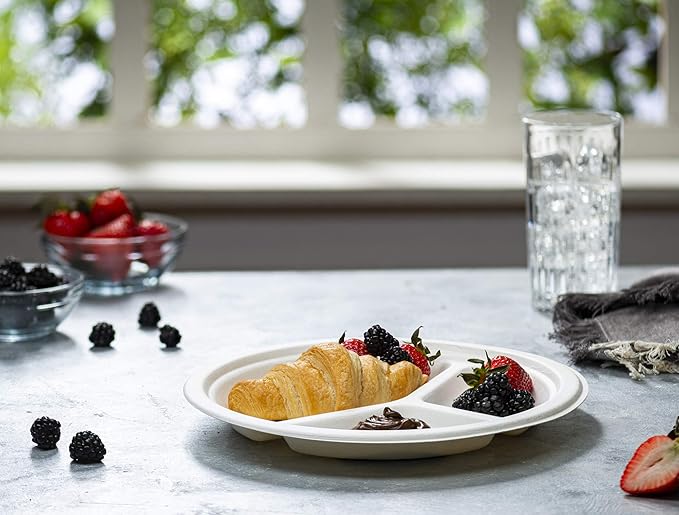 GUSTO [10 Inch 3 Compartment Compostable Paper Plates - 125 Pack White Heavy-Duty Divided Disposable Biodegradable Plates (Formerly Comfy Package)