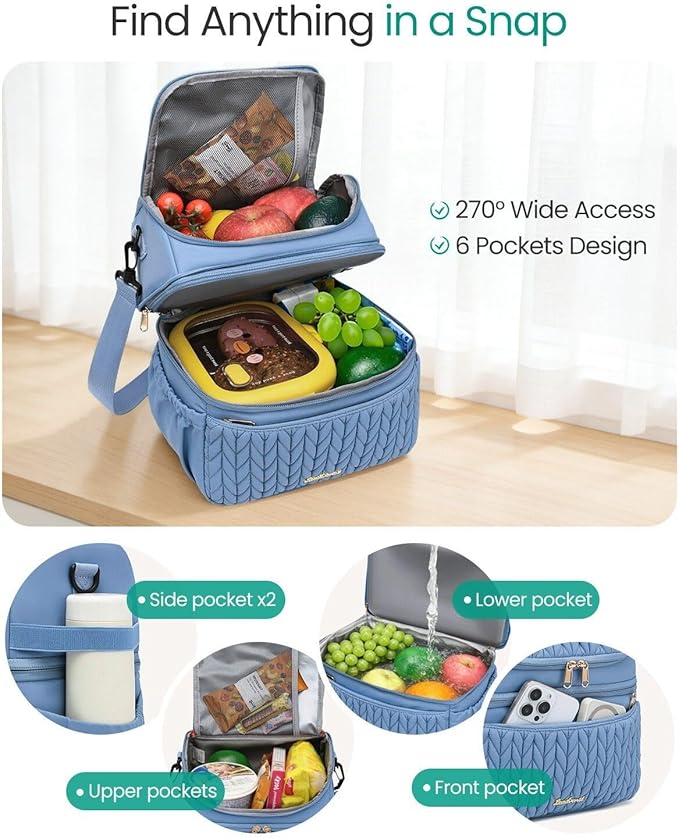 LEADVENST Lunch Bag Women, Double Deck Insulated Lunch Box - Large Capacity 12L with Detachable Divider for Tall Items, Leakproof, Durable & Reusable Cooler Bag For Work Picnic Travel, Quilted Blue