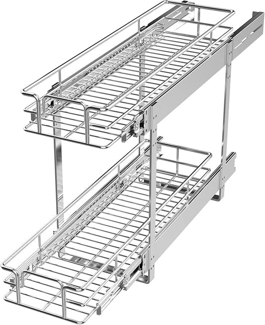 LOVMOR 2 Tier Individual Pull Out Cabinet Organizer 9" W x 21쩍" D, Slide Out Kitchen Cabinet Storage Sliding Shelves
