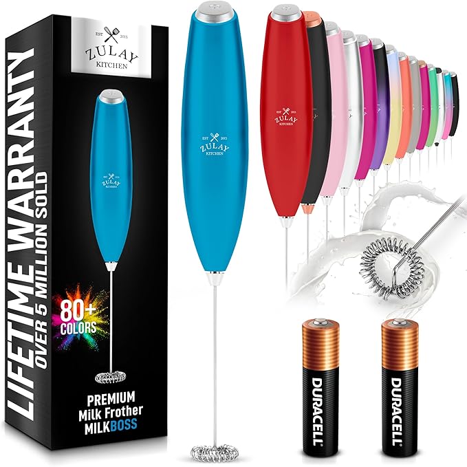 Zulay Kitchen Milk Frother Handheld Electric Whisk with AA Duracell Batteries ??Durable Drink Mixer for Coffee, Lattes, Cappuccinos & More - Metallic Blue