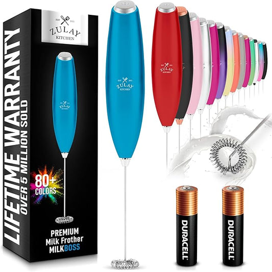 Zulay Kitchen Milk Frother Handheld Electric Whisk with AA Duracell Batteries ??Durable Drink Mixer for Coffee, Lattes, Cappuccinos & More - Metallic Blue