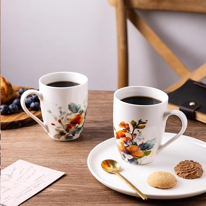 GBHOME 12oz Coffee Mugs Set fo 6, Ceramic Coffee Mugs with Decaled Flowers for Man Woman Mom Dad, Light Weight Coffee Mugs Set for Latte/Cappuccino/Cocoa/Milk, Dishwasher & Microwave Safe