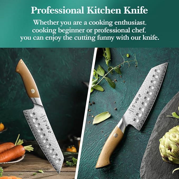 HEZHEN Damascus Santoku Knife, 7 Inches, 67 Layers Damascus Steel, Ultra Sharp Blade, Japanese Chef Knife for Professional Chefs and Home Cooking, Linen Micarta Handle, Gift Packing