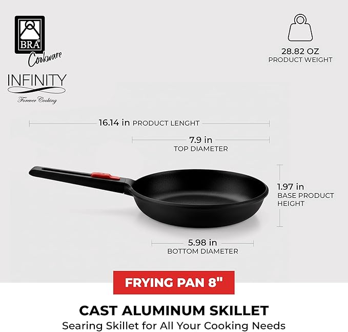 BRA COOKWARE Infinity Nonstick Frying Pan | 8-Inch Cast Aluminum Skillet | PFOA/PFAS Free Fry Pan | All Cooktops (incl Induction) Searing Skillet | Oven Safe up to 425째F (w/o Removable Handle)