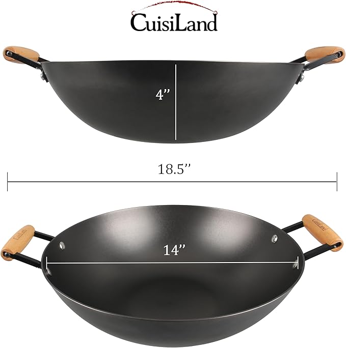 Cuisiland 14??Nitrided Cast Iron Wok ??Double-Handle Skillet, Rust-Resistant, Naturally Non-Stick, Beechwood Handles, Classic Cast Iron Heat Retention for Stir-Frying
