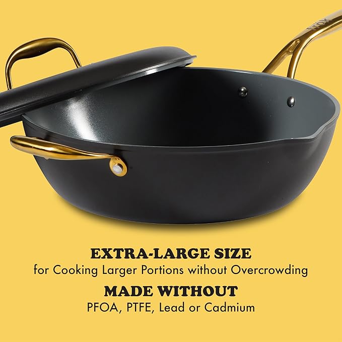 Frok 13" Frying Pan Wok Skillet 4MM Thick Quick Heat Aluminum Cookware w/Aluminum Lid Premium PFA Free Ceramic Nonstick Interior & Heat Resistant Exterior - Induction - Black & Gold