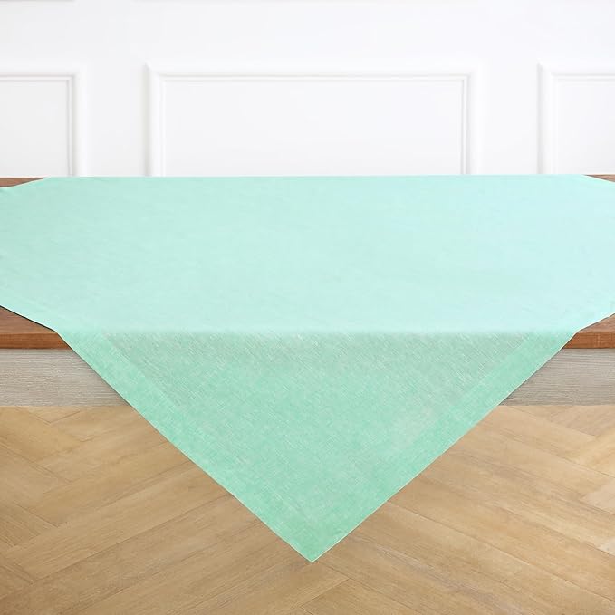 Solino Home Linen Cloth Tablecloth 52 x 52 Inch - 100% Pure Linen Chambray Aqua Square Tablecloth - Athena, Machine Washable Table Throw for Winter, Spring, Easter
