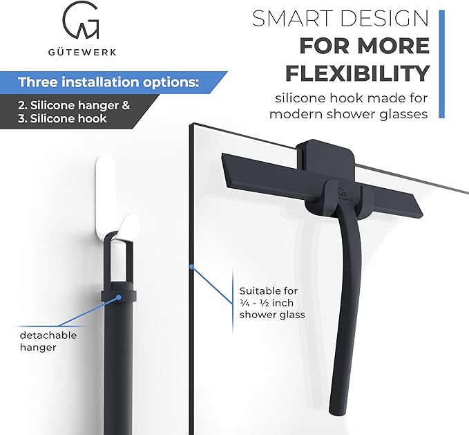 G횥TEWERK Shower Squeegee for Glass Doors, Silicone Window Squeegee, Bathroom and Glass Cleaning - Black - 13 Inch
