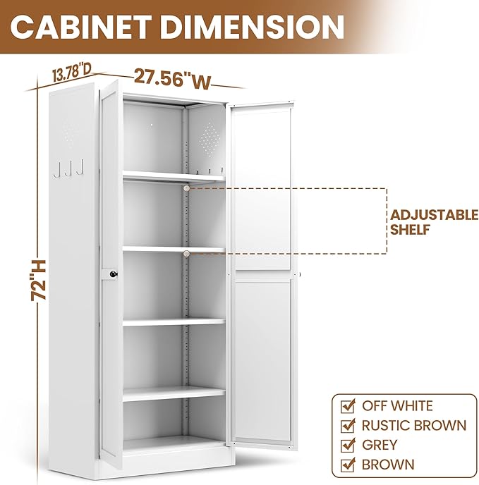Metal Pantry Storage Cabinet with 2 Doors and 5 Adjustable Shelves, 72" Tall Kitchen Storage Cabinets for Kitchen Dining Room Living Room Bathroom,Assembly Required (White)