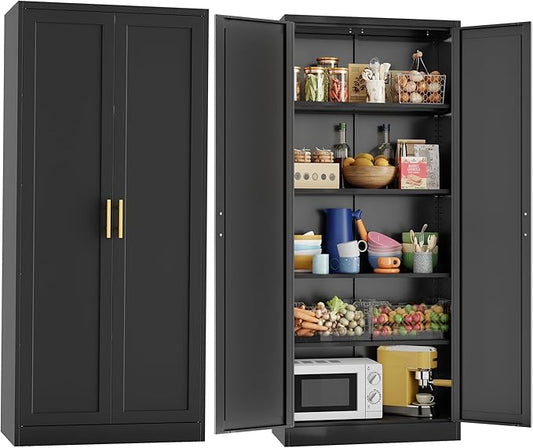 CJF 71" H Metal Kitchen Pantry Storage Cabinet, Freestanding Cupboard with 2 Doors and 4 Adjustable Shelves, Standing Storage for Kitchen, Bathroom, Garage, Dinning Room or Utility Room（Black）
