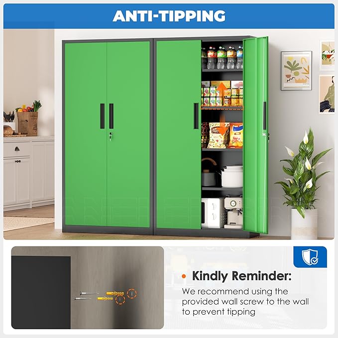 INTERGRAET 63" Tall Pantry Cabinet,Kitchen Pantry Storage Cabinets with 2 Doors and 4 Shelves,Black Green Metal Storage Cabinet,Cupboard for Home,Kitchen,Living Room/Dining