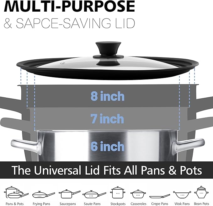 Anaeat Silicone Universal Lid for Pots, Pans and Skillets - Tempered Glass Covered with Heat Resistant Silicone Rim Fits 6", 7" and 8" Diameter Cookware -Easy to Use Replacement Frying Pan Cover