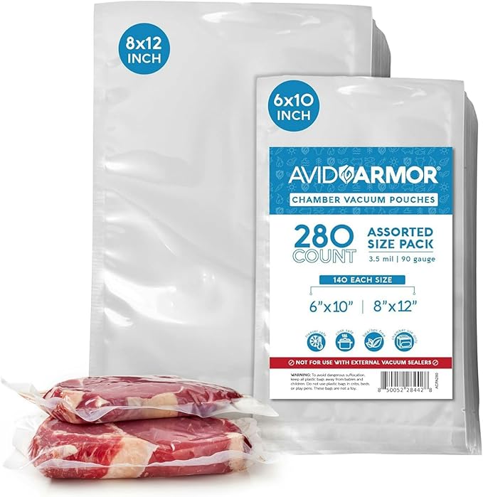 Avid Armor Chamber Vacuum Sealer Bags ??6x10" & 8x12" ??280 Pack ??Heavy Duty Commercial Grade, BPA-Free Pouches for Sous Vide, Food Preservation, Meat Storage, Freezing, and Long-Term Storage