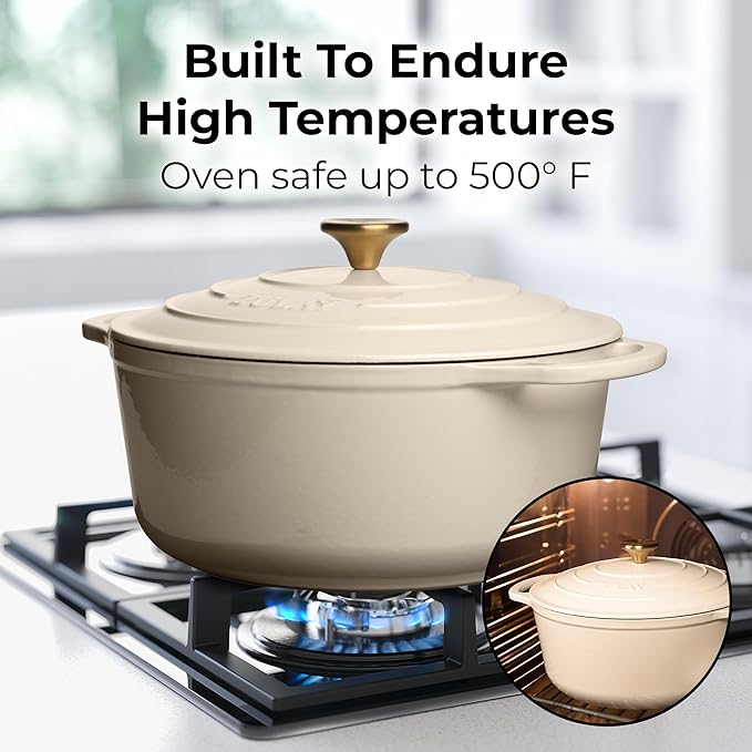 Zulay Kitchen 6 Quart Enameled Cast Iron Dutch Oven Pot with Lid ??Premium Durability & Oven Safe up to 500째F ??Heavy Duty Cookware Perfect for Bread Baking, Stews, Braising & Roasting ??Ivory