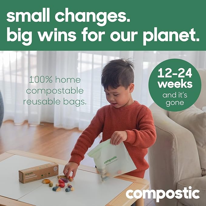 Compostic Home Compostable Resealable Gallon Bags, Microwave & Freezer Safe, Organic Food Storage Container, 90 Count + 10 Bonus Bags