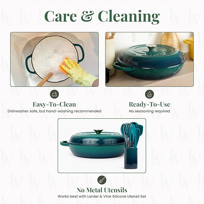 Larder & Vine Enameled Cast Iron Braiser | 3.6 qt Braiser Pan with Lid | Shallow Dutch Oven Compatible on All Cooktops | Casserole Dish Oven Safe to 500째 F | Dual Handles | Bondi